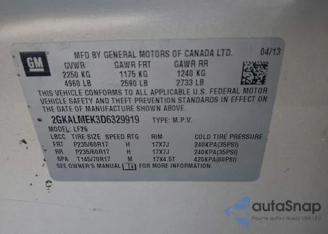 2013 GMC Terrain Sle-1 z USA, uszkodzony, nr VIN 2GKALMEK3D6329919